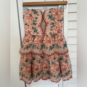 BCBGMAXAZRIA strapless embroidered/tulle floral cocktail dress with tiered skirt